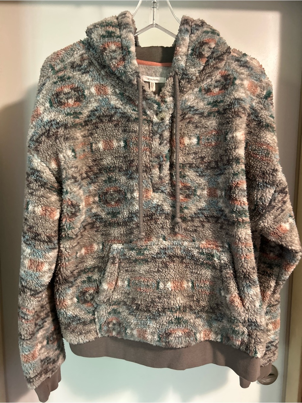 Maurices Sherpa Hoodie in Gray, Blue & Coral Pattern